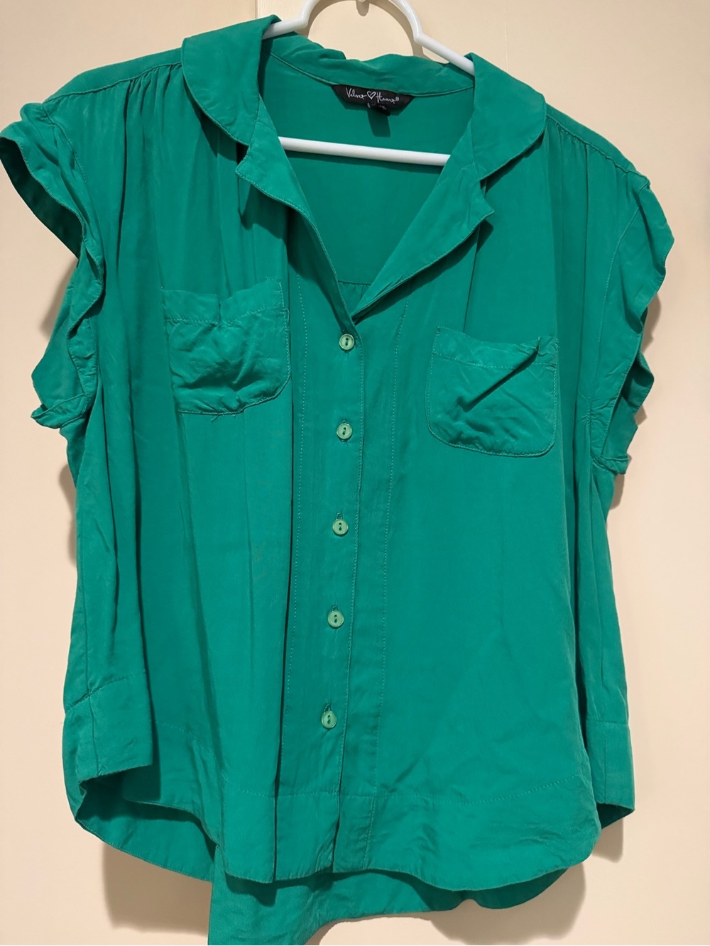 Velvet Heart Teal Green Button-Front Cap Sleeve Blouse